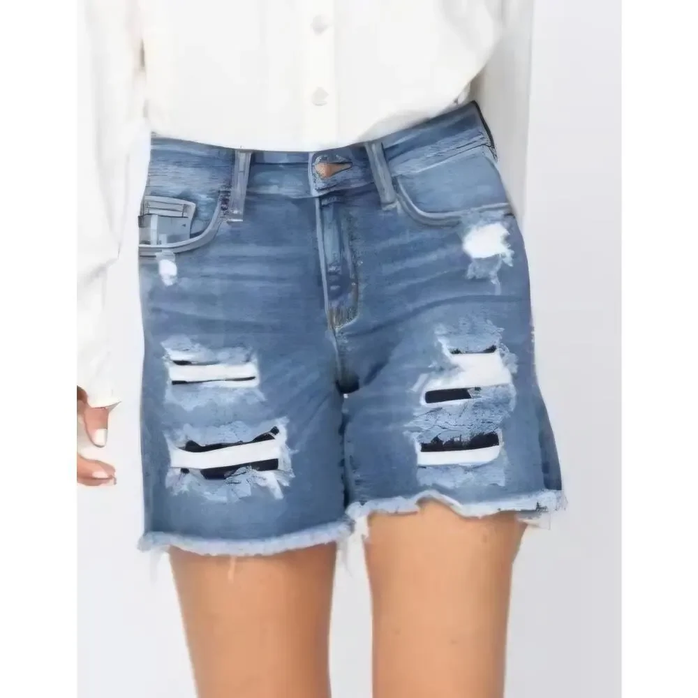 Judy Blue Mid Rise Patch Cut Off Shorts Sz 30 JB 15206 5